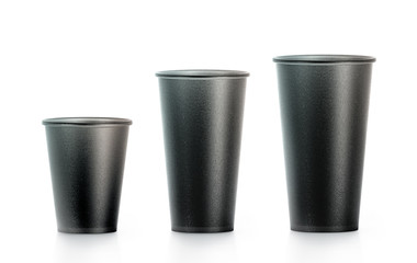 Blank black disposable paper cup mock ups isplated, large, medium and smal, 3d rendering. Empty...