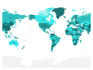 Obraz premium Mapa świata w czterech odcieniach turkusu na białym tle. Szczegółowa mapa polityczna Ameryki wyśrodkowanej. Ilustracja wektorowa z oznaczoną ścieżką złożoną każdego kraju.