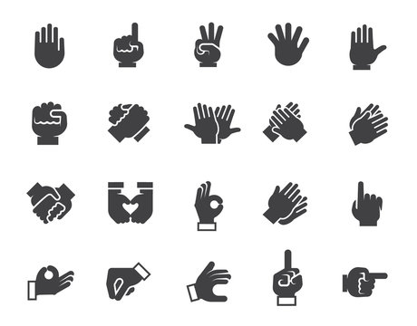 Black flat icons of human gesticulating hand. Set of 20 different graphic signs for site interfaces, mobile appls, games and other projects. Vector web image or button isolated on white background