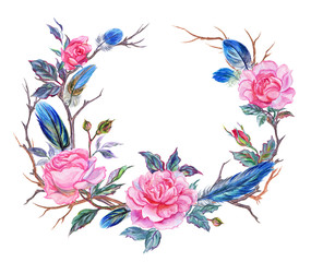 A frame of roses, twigs and feathers, watercolor drawing isolated on white background.
