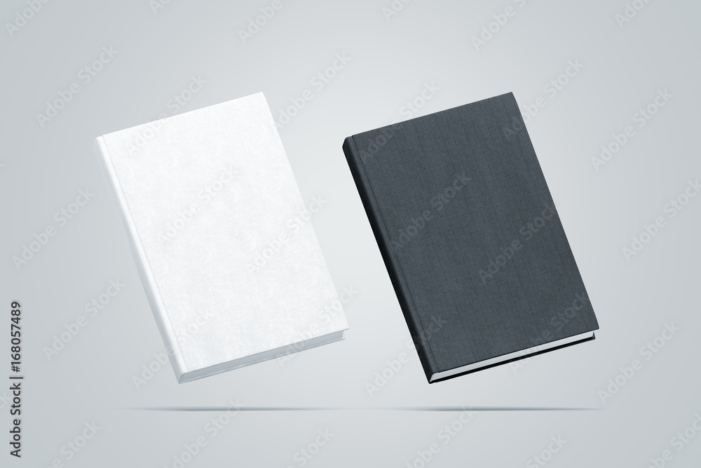 Poster blank black and white hardcover books mock up set, no gravity view, 3d rendering. empty notebook cov