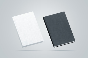 Blank black and white hardcover books mock up set, no gravity view, 3d rendering. Empty notebook cover mockups, isolated. Bookstore branding template. Plain textbook with clear binding.