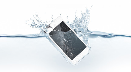 White broken smartphone mock up sinks in water, 3d rendering. Mobile smart phone with touch screen mockup fall under liquid surface. Electronic waterproof cellphone falling and dive with splashes.