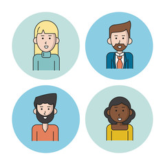 white background with colorful circles with icons of people team half body with women afro and caucasian with blonde long hair and men with van dyke beard in casual and formal suit clothes vector