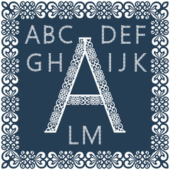 Templates for cutting out letters. Full English alphabet.  May be used for laser cutting. Fancy lace letters. Font isolated blue background. A set of symbols in a lacy frame. Part 1. Vector.