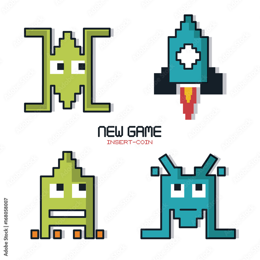 Poster colorful poster of new game insert coin with graphics of spatial game in pixels vector illustration