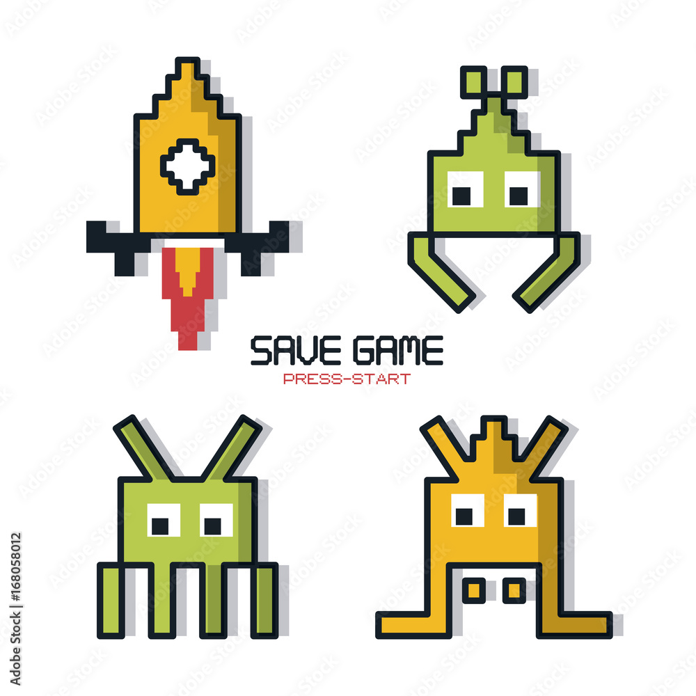 Poster colorful poster of save game press start with graphics of spatial game in pixels vector illustration