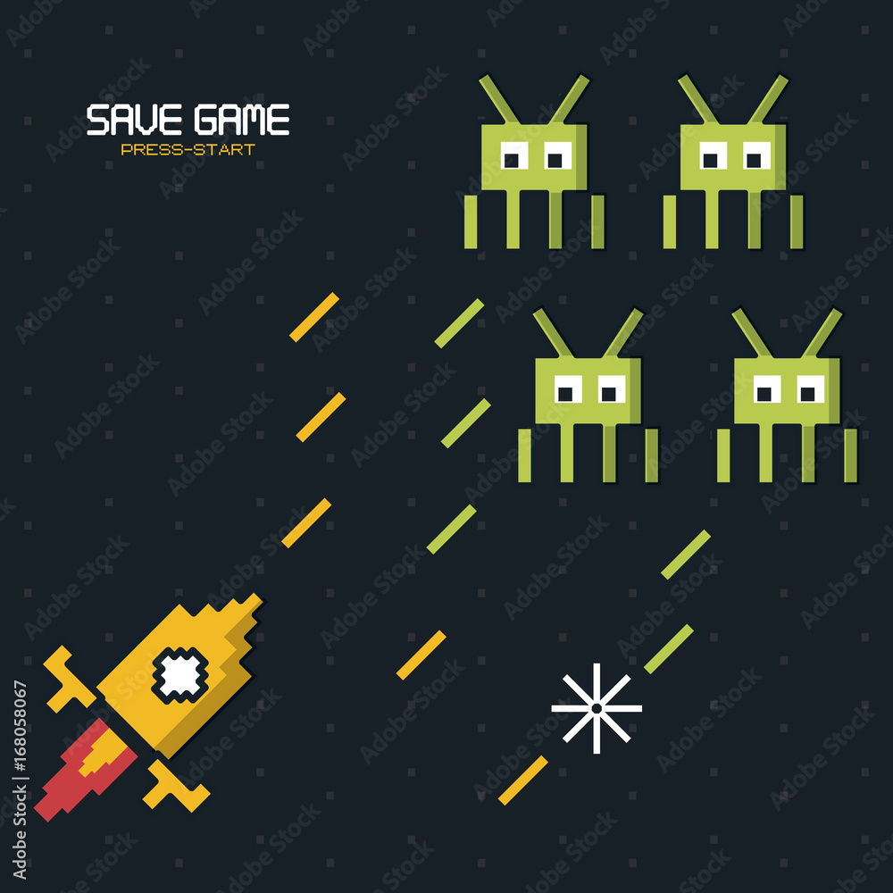 Poster colorful poster of save game press start with graphics of spatial game vector illustration