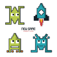 colorful poster of new game insert coin with graphics of spatial game in pixels vector illustration