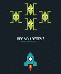 colorful poster of are you ready press start with graphics of spatial game vector illustration