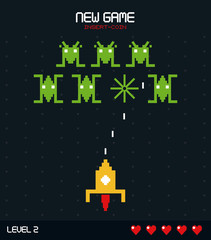 colorful poster of new game insert coin with graphics of spatial game level two vector illustration