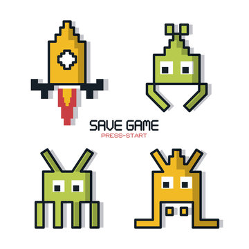 colorful poster of save game press start with graphics of spatial game in pixels vector illustration