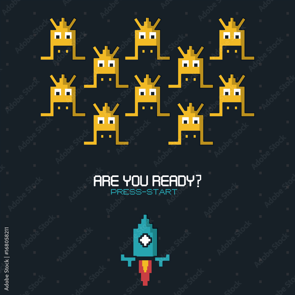 Poster colorful poster of are you ready press start with graphics of spatial game with blue rocket vector i