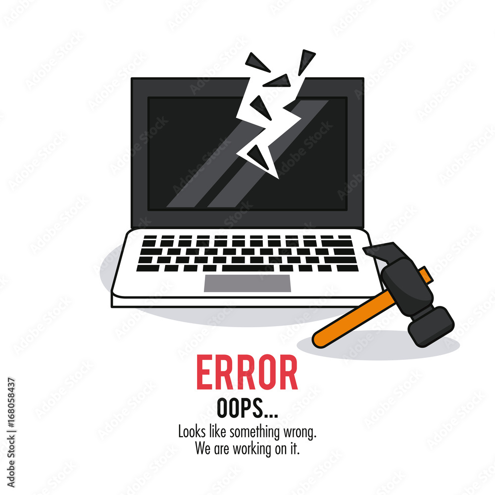 Poster white background poster with monochrome laptop with broken screen and hammer error oops vector illus