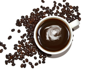 Top Coffee cup and the seed on white background 