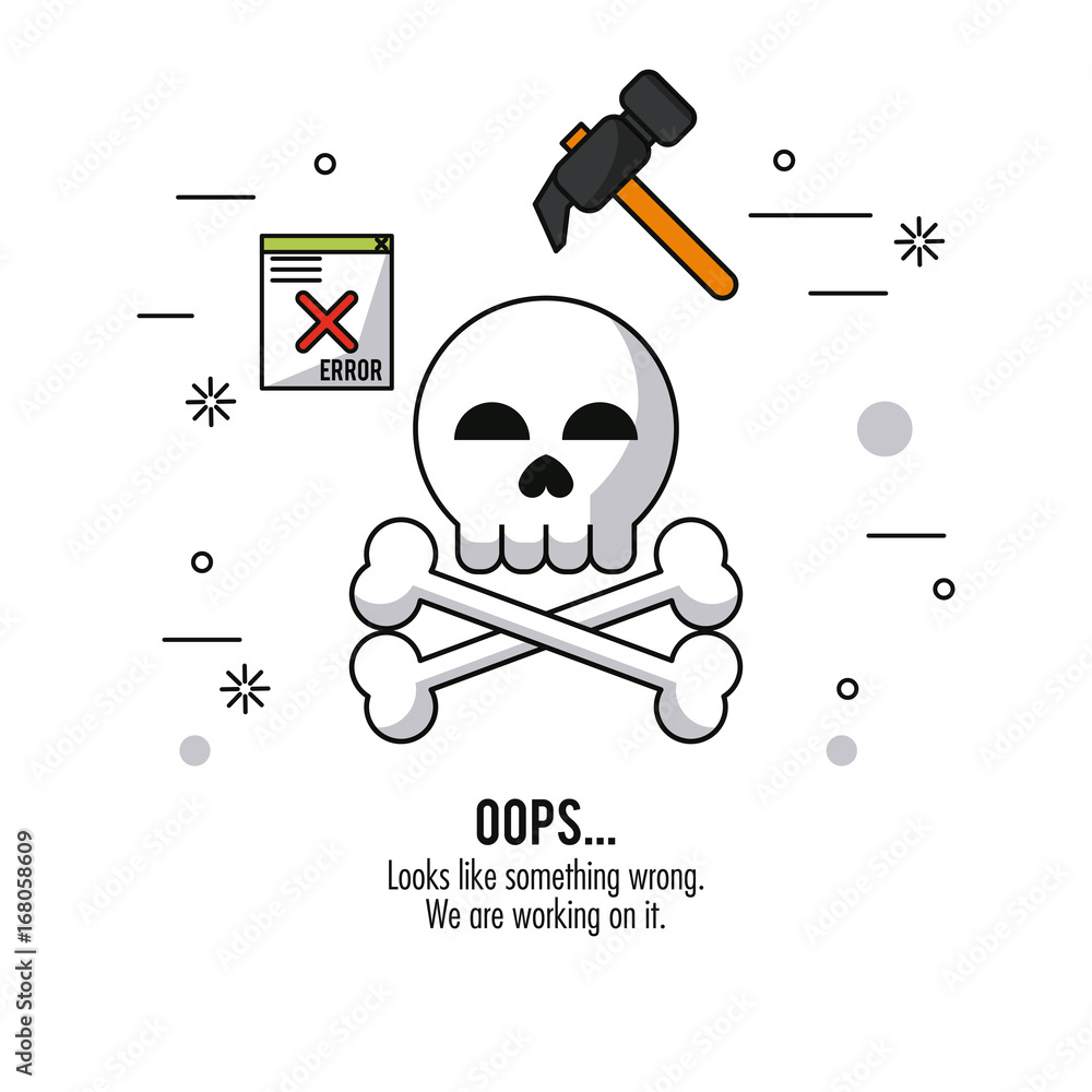 Poster white background with skull and bones in closeup and hammer and error window message on top vector i
