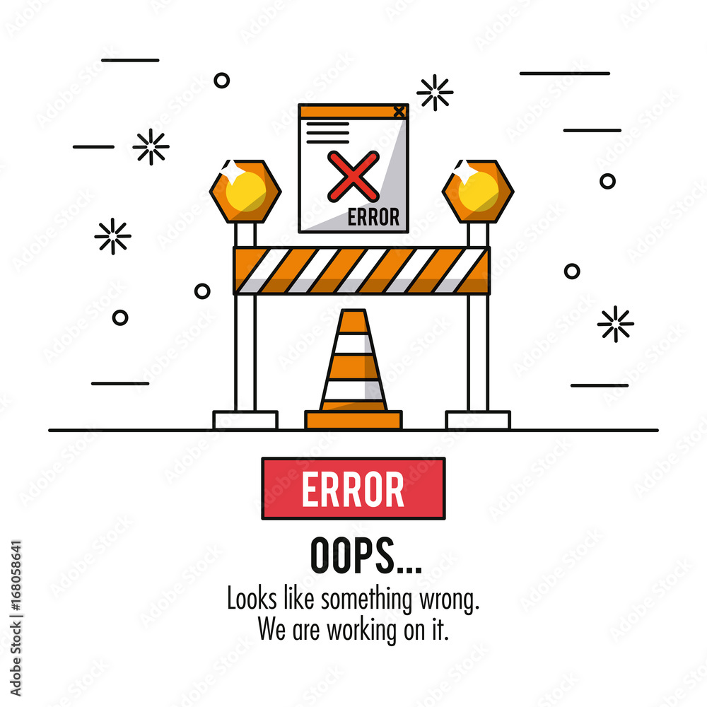 Poster white background poster error oops with orange traffic triangle road sign and error window message v