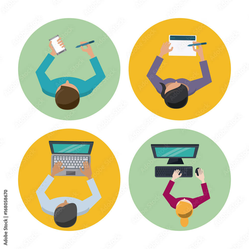 Aufkleber white background with colorful circles with icons in top view of people with social media tech devic
