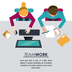 colorful background on top view of poster of teamwork between man and woman vector illustration