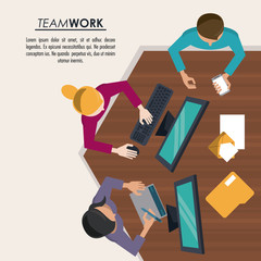 colorful background on top view of poster of teamwork between man and women vector illustration
