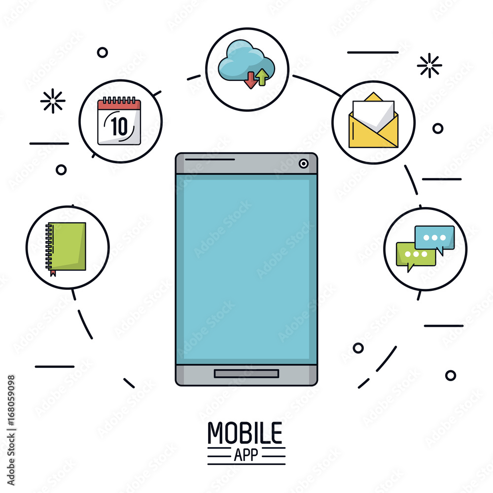 Aufkleber white background poster of mobile app with smartphone device and icons app of more use forming a cir