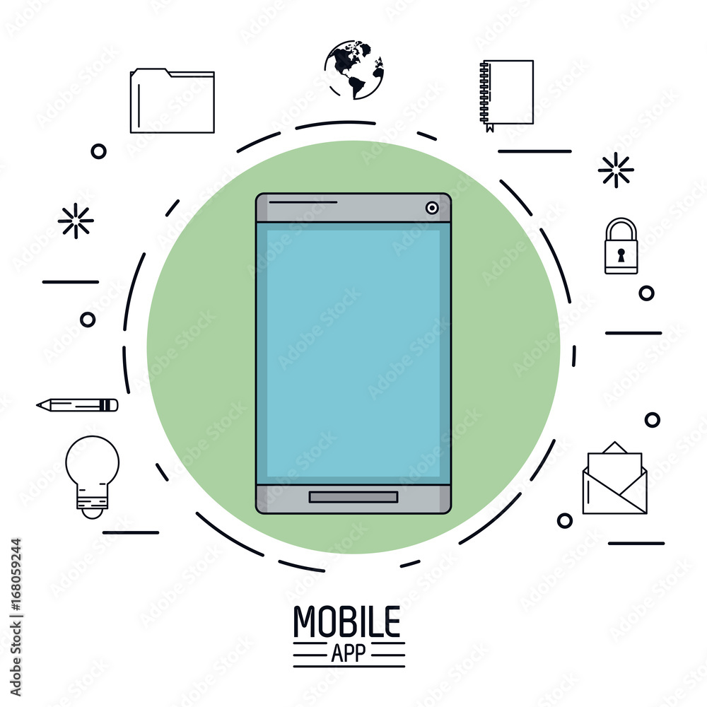 Poster white background poster of mobile app with smartphone in green circle and common icons around vector