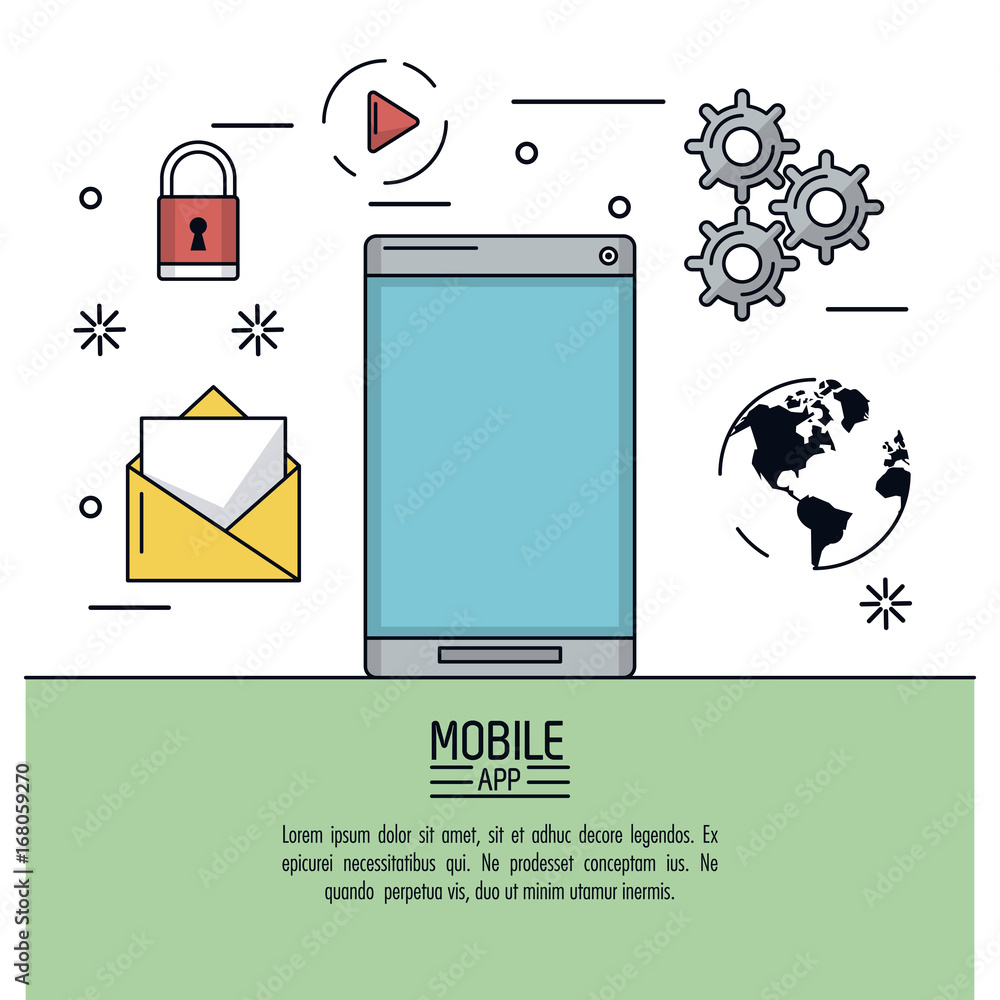 Poster white background poster of mobile app with smartphone device and common icons around vector illustra