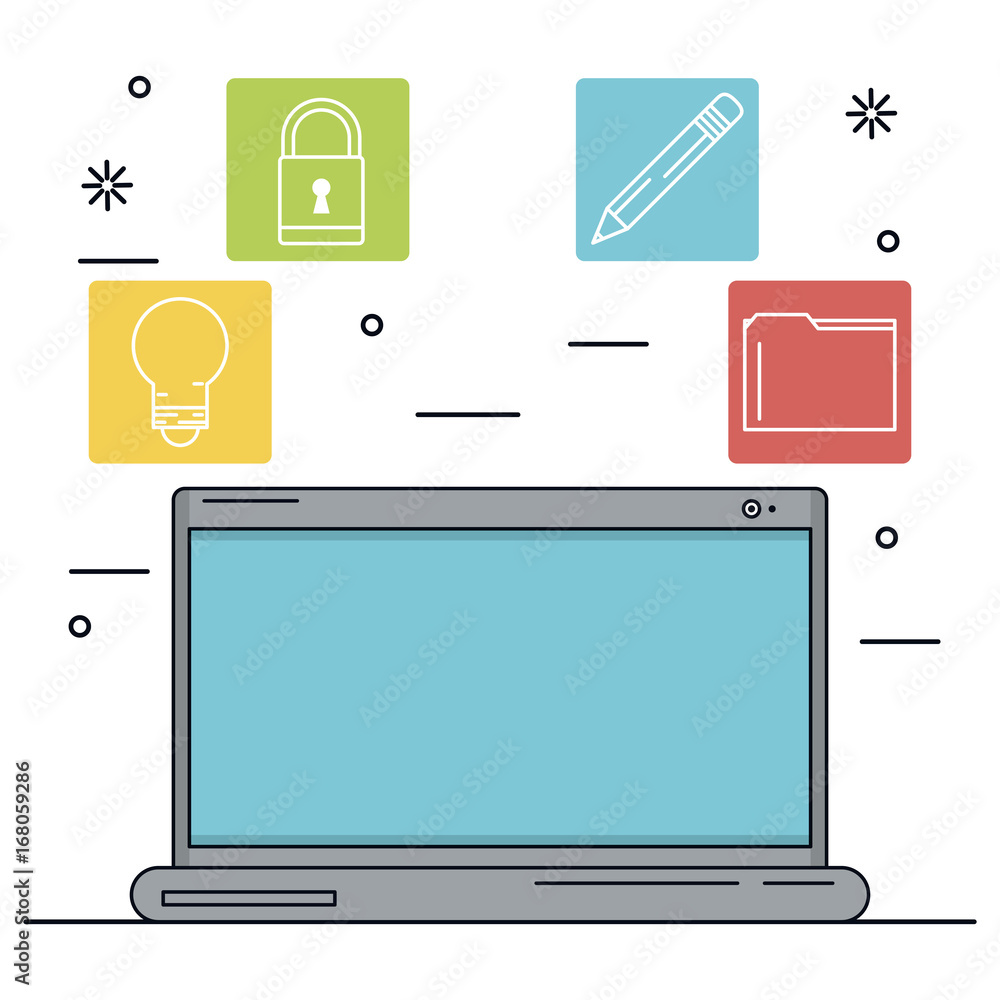 Poster white background with laptop in closeup and icons apps in color squares vector illustration