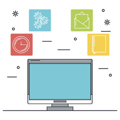 white background with desktop computer in closeup and icons apps in color squares vector illustration