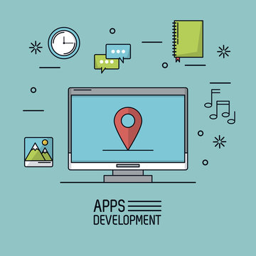 light blue background poster of apps development with desktop computer with map pointer in screen and common icons around vector illustration