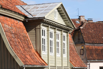 Rooftop view of old countryside house.