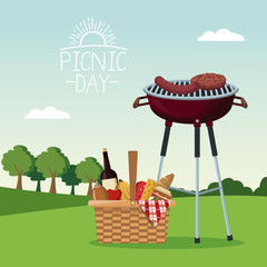 colorful poster scene landscape of picnic day with food and beverages and grill barbecue in grass vector illustration
