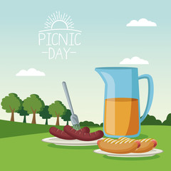 colorful poster scene landscape of picnic day with food in dishes and orange glass juice in grass vector illustration