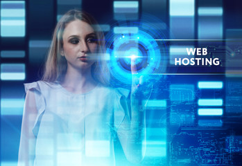 The concept of business, technology, the Internet and the network. A young entrepreneur working on a virtual screen of the future and sees the inscription: Web hosting