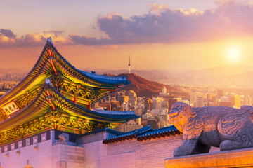 Landmark of Korea with covered Gyeongbokgung n Seoul Tower , South korea - obrazy, fototapety, plakaty