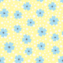 Flowers and polka dot. Drawn by hand. Cute seamless pattern.