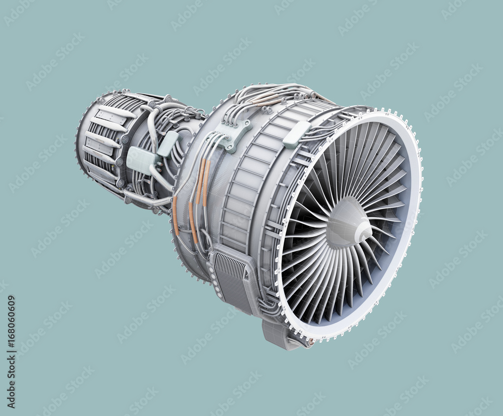 Poster 3d wireframe clay render of turbofan jet engine isolated on green background. 3d rendering image.