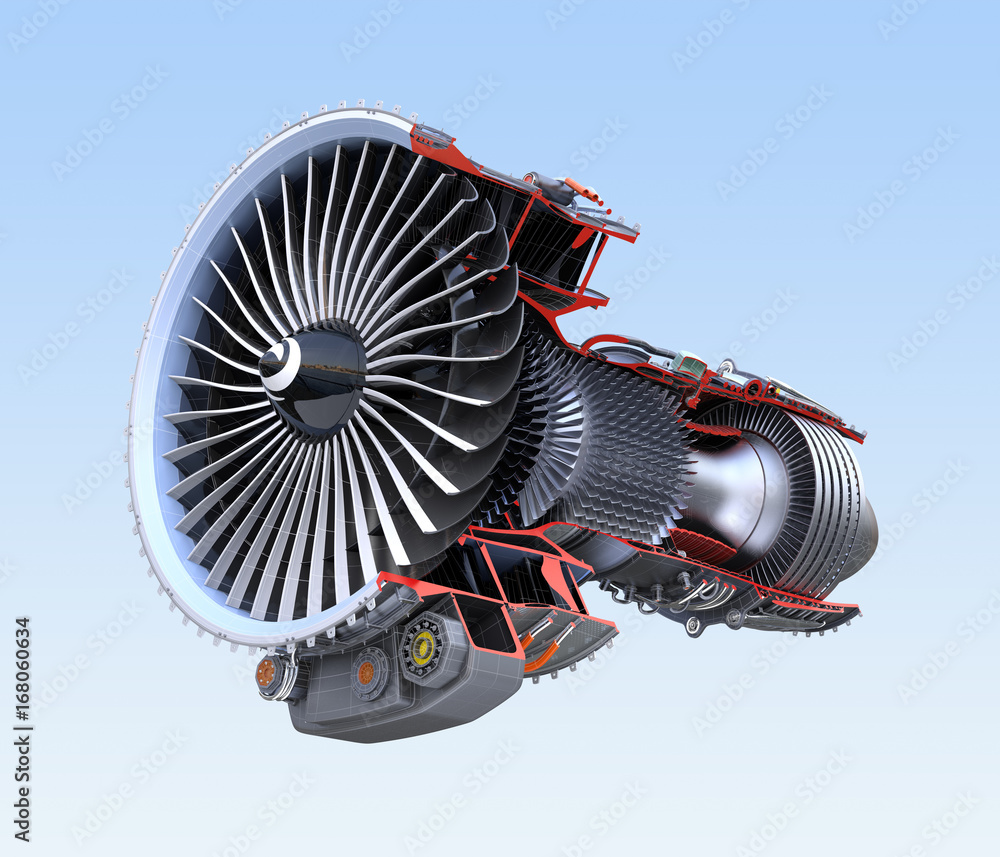 Poster turbofan jet engine's cross section wireframe isolated on blue background. 3d rendering image.