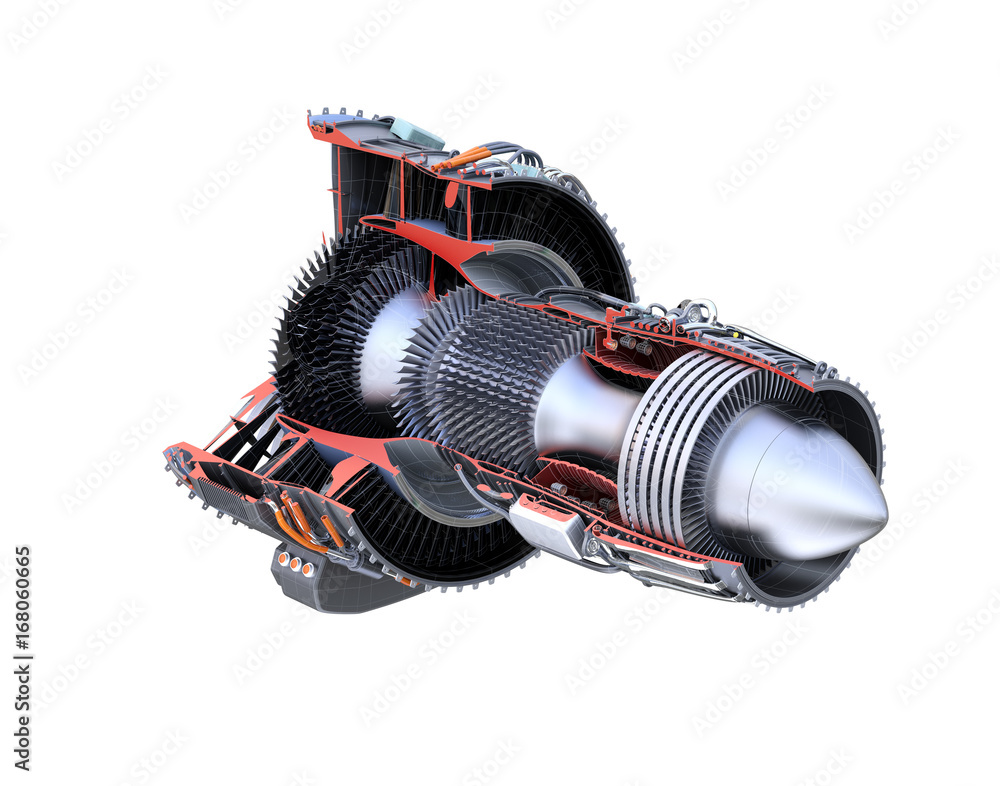 Poster turbofan jet engine's cross section wireframe isolated on white background. 3d rendering image.