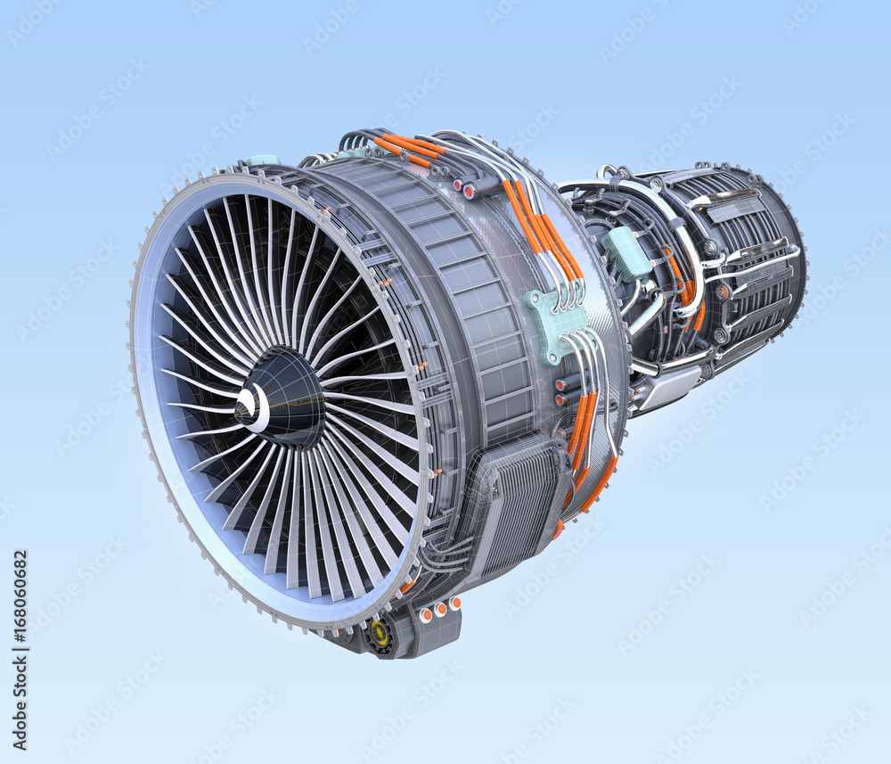 Poster wireframe turbofan jet engine isolated on blue background. 3d rendering image.