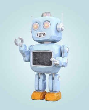 Low poly style robot with wire frame isolated on blue background. 3D rendering image.