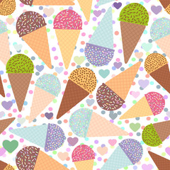 seamless pattern with mint raspberry chocolate Ice cream waffle cone, pastel colors black polka dot white background with hearts. Vector