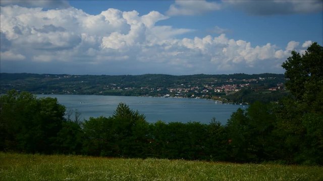 Aerial view of theViverone lake . Timelapse with zooming in motion, Northern Italian: piedmont.