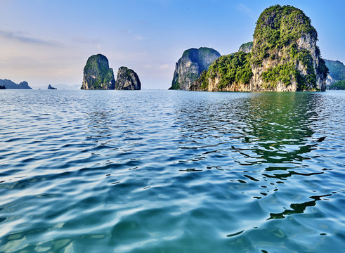 beautiful green limestone mountains in halon bay