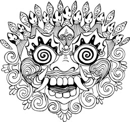 Iilustration of a Thai mask. Black and white drawing of the eastern deity