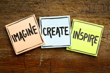imagine, create, inspire concept on sticky notes