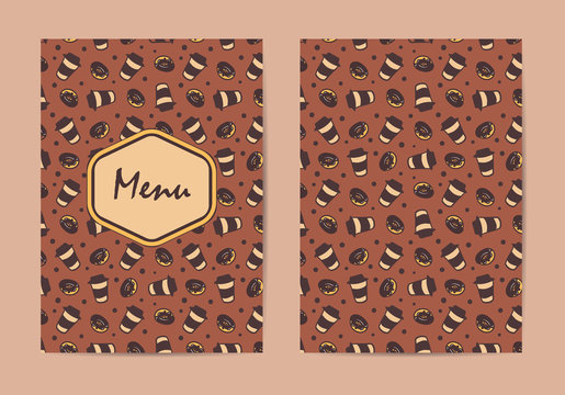 Menu template. Coffee restaurant brochure, coffee shop menu design. Vector cafe template with hand-drawn pattern. Coffee flyer. Double-sided menu cover.