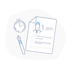 Resume, CV writing, profile or questionnaire filling. Application form filled with personal data, pen and stopwatch