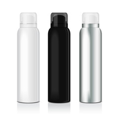 Set of deodorant spray for women or men. Vector mock up template of metal bottle with transparent cap
