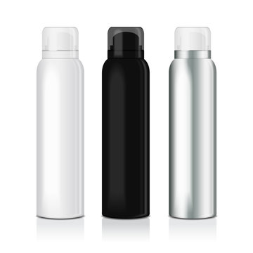 Set Of Deodorant Spray For Women Or Men. Vector Mock Up Template Of Metal Bottle With Transparent Cap
